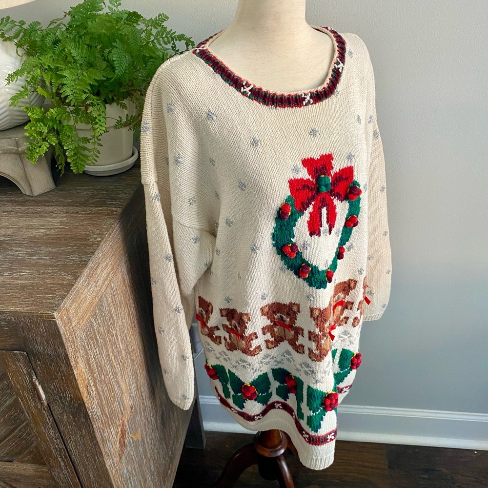 Vtg‎ 1980s 90s Christmas Sweater Hand Knit Weath Bows Cotton Ramie Womens Large